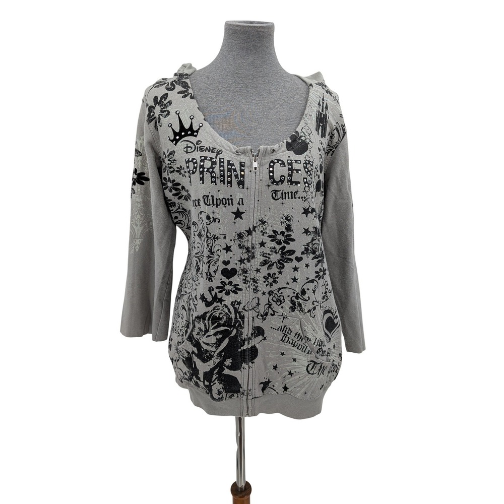 Disney Parks Princess Gray ZipUp Hoodie Tattoo Rhinestone Graphic XL Sweatshirt